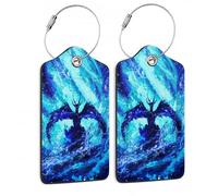 SKYDAWNY Gepäckanhänger aus Leder für Koffer, blauer Drache, leuchtet auf Reisen, Kreuzfahrt, Gepäckanhänger für Damen und Herren, Gepäckanhänger mit Sichtschutz, Namensschild, Edelstahlschlaufe, 2