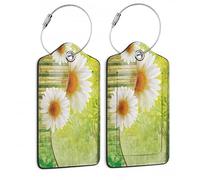 SKYDAWNY Gepäckanhänger aus Leder für Reisen, weiße Gänseblümchen, Grün, Vintage, 2 Stück, Kofferanhänger mit Edelstahlschlaufe, Gepäck, Sichtschutz, ID-Etikett, Identifikatoren, Gepäcktasche für