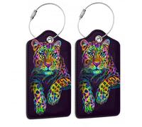 SKYDAWNY Gepäckanhänger, buntes Leopardenmuster, abstraktes Tier, Leder, Koffer-Anhänger mit Edelstahl-Schlaufen-Identifikatoren, Privatsphäre, Namensschild, Karte, Reisegepäcktasche für Damen und