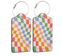 SKYDAWNY Gepäckanhänger für Koffer, bunt kariert, abstrakt, Retro, gewellt, PU-Leder, Sichtschutz, Ausweiskarte, mit Edelstahlschlaufe, Gepäcktasche für Damen und Herren, Reisen, 2 Stück