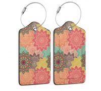 SKYDAWNY Mandela Gepäckanhänger, Blumenmuster, Boho, Vintage, ethnisches Leder, Koffer-Anhänger mit Edelstahl-Schlaufen-Identifikatoren, Privatsphäre, Namensschild, Karte, Reisegepäcktasche für Damen