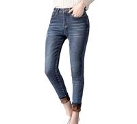 SKYWPOJU Thermojeans Damen Winterhose Thermohose Leggings mit Innenfleece Winterhose Warm Gefütterte Jeans Straight Hose mit Weitem Gummizug Band Jeans Fleece Treggings Damen