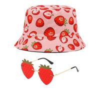 SLAXJNE 1 Stück Erdbeer-Eimerhut Und 1 Stück Erdbeerbrille, Sonnenschutzhut Für Damen, Uv-Schutzhut, Kreative Sonnenbrille, Party-Sonnenbrille, Modeaccessoires
