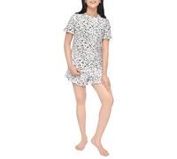 Sleepdown Damen Ärmeln Schlafanzug mit Rüschen und Tierdruck, 2-teilig, kurzärmeliges T-Shirt und kurzes Set, lässige Loungewear, Nachtwäsche, Grauer Leopardenmuster, 46