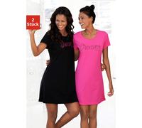 Sleepshirt VIVANCE DREAMS, Damen, Gr. 44/46, N-Gr, pink (pink, schwarz), Single Jersey, Obermaterial: 100% Baumwolle, unifarben mit Farbeinsatz, Basic, Basic kurz, Rundhals, eingesetzt, Kleider Sleeps