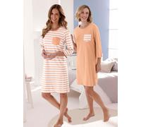Sleepshirt WÄSCHEPUR "Sleepshirts", Damen, Gr. 44/46, Normalgrößen, orange (apricot, apricot, ecru, gestreift), 95% Baumwolle, 5% Polyester, Meliert:85% Baumwolle, 15% Polyester, gemustert, gestreift,