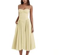 Sleeveless Corset Fit Midi Dress Spaghetti Strap Bustier Midi Dress Trendy A Line Dress with Pocket (S,Yellow)