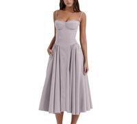 Sleeveless Corset Fit Midi Dress Spaghetti Strap Bustier Midi Dress Trendy A Line Dress with Pocket (S,Light Gray)