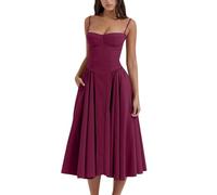 Sleeveless Corset Fit Midi Dress Spaghetti Strap Bustier Midi Dress Trendy A Line Dress with Pocket (L,hot Pink)