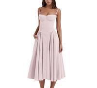 Sleeveless Corset Fit Midi Dress Spaghetti Strap Bustier Midi Dress Trendy A Line Dress with Pocket (M,pink)