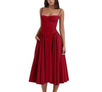 Sleeveless Corset Fit Midi Dress Spaghetti Strap Bustier Midi Dress Trendy A Line Dress with Pocket (XL,red)