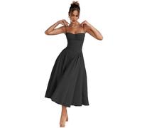 Sleeveless Corset Fit Midi Dress Spaghetti Strap Sundress Solid Color Print Bustier High Waist A Line Dress with Pockets (Black,M)