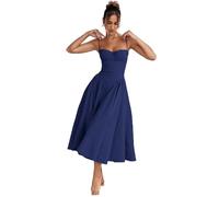 Sleeveless Corset Fit Midi Dress Spaghetti Strap Sundress Solid Color Print Bustier High Waist A Line Dress with Pockets (Blue,M)