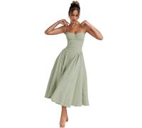 Sleeveless Corset Fit Midi Dress Spaghetti Strap Sundress Solid Color Print Bustier High Waist A Line Dress with Pockets (Green,S)