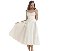 Sleeveless Corset Fit Midi Dress Spaghetti Strap Sundress Solid Color Print Bustier High Waist A Line Dress with Pockets (White,L)