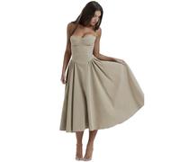 Sleeveless Corset Fit Midi Dress Spaghetti Strap Sundress Solid Color Print Bustier High Waist A Line Dress with Pockets (Coffee,L)