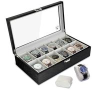 Slege Uhrenbox aus Holz mit 12 Fächern,Uhrenbox für Herren, komplett mit Samt ausgekleidet,Uhrenhalter Glasplatte & Uhrenkissen,Uhrengehäuse-Organizer als Geschenk für Herren und Damen (Schwarz)