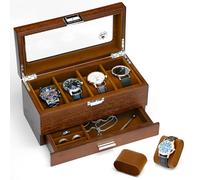 Slege Uhrenbox aus Holz mit 4 Fächern -Uhrenkasten Glasdeckel mit Schublade,Uhrenetui für Herren,Uhrenaufbewahrung für Uhren,Schmuckschatulle,Uhrenbox-Organizer für Damen und Herren,Geschenkidee