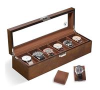 Slege Uhrenbox aus Holz mit 6 Fächern,Uhrenetui für Herren,komplett mit Samt Ausgekleidet,Uhrenhalter Glasplatte & Uhrenkissen,Uhrengehäuse-Organizer als Geschenk für Herren und Damen(Braun) Watch Box