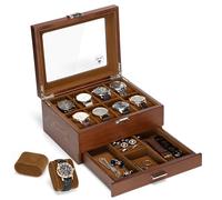 Slege Uhrenbox aus Holz mit 8 Fächer,Uhrenkasten Glasdeckel,2 Ebenen,Uhrenetui für Herren,Uhrenaufbewahrung für Uhren,Schmuck Box,Uhrenbox-Organizer für Damen und Herren,für Ringe,Geschenkidee,Braun