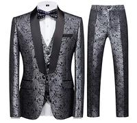 Sliktaa Herren Anzug Set 3 Teilig Jacquard Schalkragen Smoking Silber 3XL