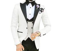 Slim Fit 3 Teiliges Anzug Set für Herren Smoking Anzüge mit Spitzem Revers und Einem Knopf Stilvolle Solid Party Dinner Jacket Vest & Pants Sets (Weiß,XS)