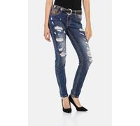 Slim-fit-Jeans CIPO & BAXX "Jeans", Damen, Gr. 26, Länge 34, blau, 97% Baumwolle, 3% Elasthan, unifarben, slim fit lang, Jeans Slim-fit-Jeans, mit lässigen Destroyed-Elementen, WD457 (23626513-26) bla