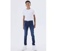 Slim-fit-Jeans NAME IT "NKMSILAS XSLIM JEANS 2002-TX NOOS", Jungen, Gr. 140, N-Gr, blau (dunkelblau denim), Denim/Jeans, Obermaterial: 71% Baumwolle, 27% Polyester, 2% Elasthan, Abriebeffekte, unifarb