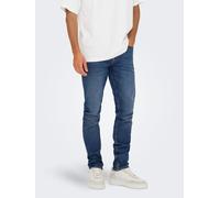 Slim-fit-Jeans ONLY & SONS "ONSLOOM SLIM 5748 EY BOX JEANS MU", Herren, Gr. 32, Länge 34, medium blau denim, Denim/Jeans, Obermaterial: 65% Baumwolle, 18% Polyester, 15% Viskose, 2% Elasthan, Abriebef