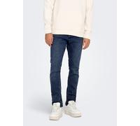 Slim-fit-Jeans ONLY & SONS "ONSLOOM SLIM BOX PIM DNM MU OTL", Herren, Gr. 32, Länge 32, dunkelblau denim, Denim/Jeans, Obermaterial: 50% Baumwolle, 30% Polyester, 18% Viskose, 2% Elasthan, Abriebeffek