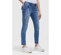 Slim-fit-Jeans SOCCX, Damen, Gr. 31, Normalgrößen, blau, Denim/Jeans, Material: 63% Baumwolle, 23% Polyester, 12% Viskose, 2% Elasthan, Zusatz: Enthält nichttextile Teile tierischen Ursprungs (Badge),