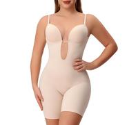 Slimers Rückenfreier Shapewear-Body für Damen, Bauchkontrolle, Ganzkörperformer, tiefer Rücken, V-Ausschnitt, formender Body mit integriertem BH, Beige, Small