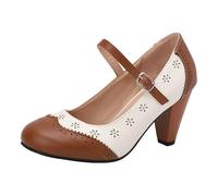 Sling Pumps Damen,High Heels Mit Runder Zehenpartie Perforiertem Blockabsatz Und KnöChelriemen Zweifarbige Schuhe