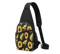 Sling Rucksack, Brusttasche, niedlicher Mops, Hund, Diebstahlschutz, Umhängetasche, Tagesrucksack, Outdoor, Sport, Reisen, Wandern für Männer und Frauen, Sonnenblumenblühende Blumen Pflanzen schwarz