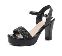 Slingback Slip-on Pumps Damen Peep Toe Sandalette Thick Plateau Pumps Mit Knöchelschnallen Glitzer Heels 8/10/13cm Party Hochzeit Kleid Schuhe (Schwarz 8cm,34)