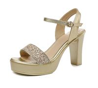 Slingback Slip-on Pumps Damen Peep Toe Sandalette Thick Plateau Pumps Mit Knöchelschnallen Glitzer Heels 8/10/13cm Party Hochzeit Kleid Schuhe (Gold 8cm,34)