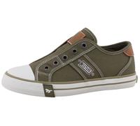 Slip-On Sneaker MUSTANG SHOES "Gaspare", Kinder, Gr. 36, grün (khaki), Baumwolle, Schuhe Slip-On Sneaker, Freizeitschuh, Slipper, Halbschuh mit Kontrastnähten, Topseller (86019246-36)