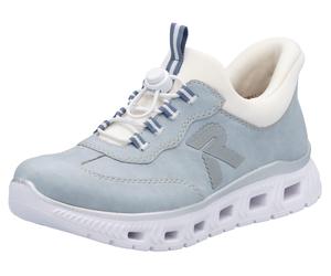 Slip-On Sneaker RIEKER SPORT "Ready2GO", Damen, Gr. 36, weiß (hellblau, weiß), Nubuklederimitat, Textil, Schuhe, Schlupfschuh, Halbschuh, Freizeitschuh mit Schnellverschluss (93165351-36) hellblau, we