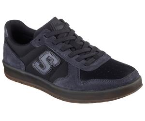 Slip-On Sneaker SKECHERS "NEW WAVE CUP-CALVEN", Herren, Gr. 41, schwarz (schwarz, grau), Lederimitat, Textil, Veloursleder, Schuhe, Retro Sneaker, Schnürschuh mit Gummizug (20624026-41) schwarz, grau