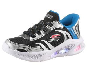 Slip-On Sneaker SKECHERS "SKECHERS METEOR-LIGHTS", Mädchen, Gr. 32, bunt (schwarz, silberfarben, blau), Lederimitat, Textil, kontrastfarbene Details, Schuhe, Schlupfschuh mit cooler Blinkfunktion, Grö