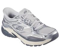 Slip-On Sneaker SKECHERS "STAMINA SPORT", Damen, Gr. 40, Textil, silber (silberfarben), Lederimitat, Mesh, metallic, Schuhe, Retro Sneaker, Schnürschuh mit Metallic-Besätzen (43308729-40) silberfarben