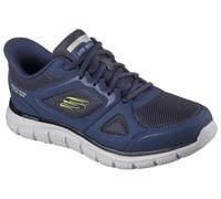 Slip-On Sneaker SKECHERS "TRACK", Herren, Gr. 47,5, bunt (navy, limette), Leder, Textil, Schuhe, Freizeitschuh, Schnürschuh mit Memory Foam (21036006-47,5) navy, limette