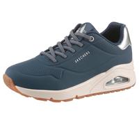 Slip-On Sneaker SKECHERS "UNO SHIMMER AWAY", Damen, Gr. 35, silber (navy, silberfarben), Lederimitat, kontrastfarbene Details, Schuhe Sneaker, Slipper, Freizeitschuh, Plateausneaker mit modischem Keil