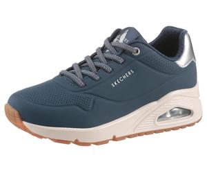 Slip-On Sneaker SKECHERS "UNO SHIMMER AWAY", Damen, Gr. 42, navy, silberfarben, Lederimitat, kontrastfarbene Details, Schuhe Sneaker, Slipper, Freizeitschuh, Plateausneaker mit modischem Keilabsatz, T