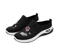 Slip on Sneakers Damen Bestickt Mesh Sommer Slip in Barfuss Schuhe Breite Füße Orthopädische Sommerschuhe Damen Atmungsaktiv Elegant Halbschuhe Leichte Bequem Freizeitschuhe (Black, 35)