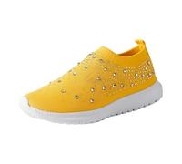 Slip on Sneakers Damen Mesh Sommer Slip in Barfuss Schuhe Breite Füße mit Strass Orthopädische Sommerschuhe Damen Leichte Elegant Turnschuhe Atmungsaktiv Bequem Freizeitschuhe (Yellow, 37)
