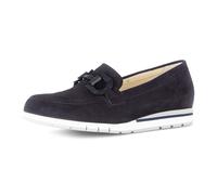 Slipper GABOR "FLORENZ", Damen, Gr. 36, dunkelblau, Ziegenveloursleder, Schuhe Slipper, Keilabsatz, Schlupfschuh, Businessschuh mit Zierkette (44579148-36) dunkelblau