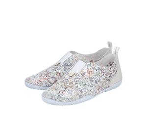 Slipper RIEKER, Damen, Gr. 38, bunt (weiß multi), Glattleder, Lederimitat, Schuhe Slipper, Slip-on Sneaker, Schlupfschuh, Halbschuh mit Gummizug (73690624-38) weiß multi