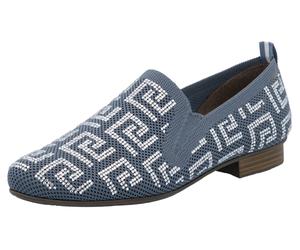 Slipper RIEKER, Damen, Gr. 40, blau (blau, weiß), Textil, Schuhe Slipper, Halbschuh, Schlupfschuh, Blockabsatz, Loafer mit Glitzersteinchen (68392830-40) blau, weiß