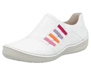 Slipper RIEKER, Damen, Gr. 41, weiß, Lederimitat, kontrastfarbene Details, Schuhe Slipper, Slip-on Sneaker, Schlupfschuh, Halbschuh mit weicher Innnensohle, Topseller (85940409-41)